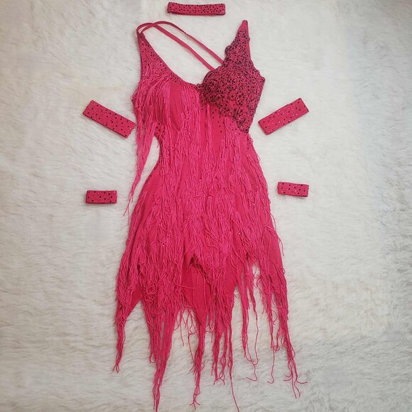 Women's Medium Pink Latin Ballroom Dance Fringe Rhinestone Dress Costume - Picture 5 of 16